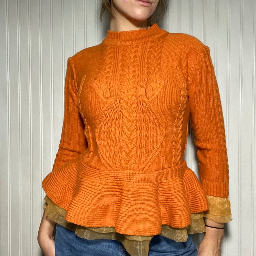 Vintage Balletcore Orange Cableknit Peplum Sweater Tulle Layered Maximalist - XS